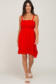 Red Sleeveless Smocked Ruffle Hem Dress