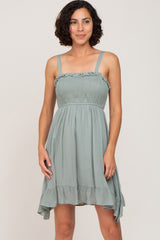 Sage Sleeveless Smocked Ruffle Hem Maternity Dress