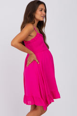 Fuchsia Sleeveless Smocked Ruffle Hem Maternity Dress