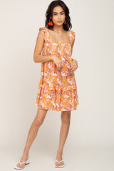 Orange Floral Sleeveless Mini Dress