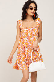 Orange Floral Sleeveless Mini Dress