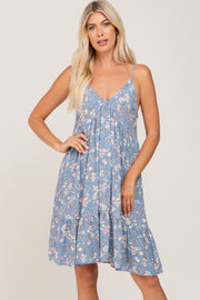 Blue Floral V-Neck Ruffle Hem Dress