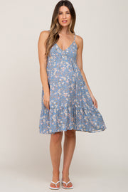 Blue Floral V-Neck Ruffle Hem Maternity Dress