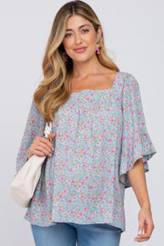 Aqua Floral Squared Neck Maternity Top