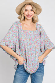 Aqua Floral Squared Neck Top