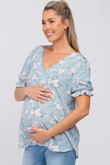 Blue Floral Polka Dot Pleated Front Bubble Sleeve Maternity Top