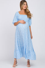 Blue Floral Smocked Maternity Maxi Dress