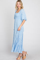 Blue Floral Smocked Maxi Dress