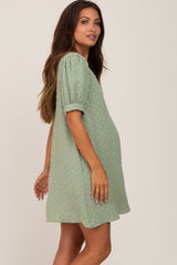 Light Olive Textured Dot V-Neck Puff Sleeve Maternity Mini Dress