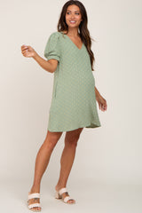 Light Olive Textured Dot V-Neck Puff Sleeve Maternity Mini Dress