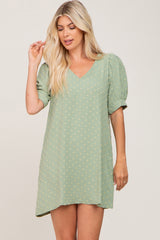 Light Olive Textured Dot V-Neck Puff Sleeve Maternity Mini Dress