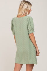 Light Olive Textured Dot V-Neck Puff Sleeve Mini Dress