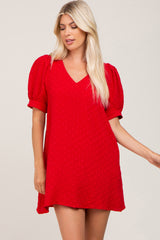 Red Textured Dot V-Neck Puff Sleeve Maternity Mini Dress