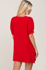 Red Textured Dot V-Neck Puff Sleeve Mini Dress