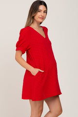 Red Textured Dot V-Neck Puff Sleeve Maternity Mini Dress