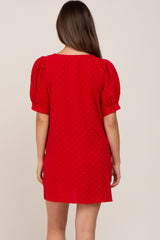 Red Textured Dot V-Neck Puff Sleeve Maternity Mini Dress