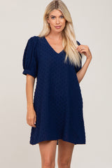 Navy Blue Textured Dot V-Neck Puff Sleeve Mini Dress