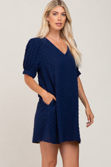 Navy Blue Textured Dot V-Neck Puff Sleeve Mini Dress