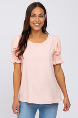 Pink Smocked Puff Sleeve Maternity Blouse