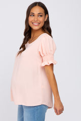 Pink Smocked Puff Sleeve Maternity Blouse