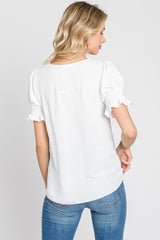 White Smocked Puff Sleeve Blouse