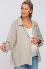 Beige Rolled Cuff Maternity Button Down Blouse