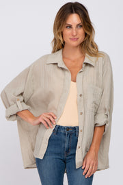 Beige Rolled Cuff Button Down Blouse