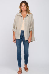 Beige Rolled Cuff Button Down Blouse