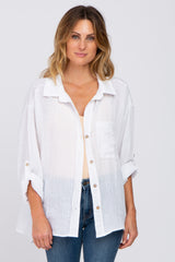 White Rolled Cuff Maternity Button Down Blouse