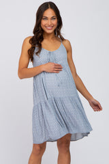 Blue Printed Front Tie Maternity Dress