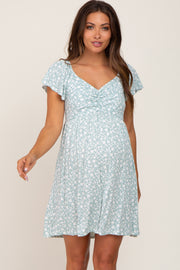 Mint Green Floral Ribbed Sweetheart Neck Ruched Front Maternity Dress