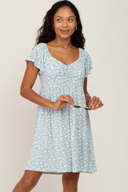 Mint Green Floral Ribbed Sweetheart Neck Ruched Front Dress