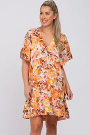 Beige Floral V-Neck Ruffle Hem Maternity Dress