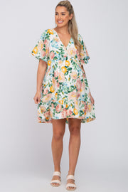 Ivory Floral V-Neck Ruffle Hem Maternity Dress