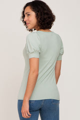 Mint Green Ribbed Sweetheart Neck Short Puff Sleeve Top