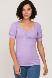 Lavender Ribbed Sweetheart Neck Short Puff Sleeve Top