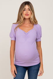 Lavender Ribbed Sweetheart Neck Short Puff Sleeve Maternity Top