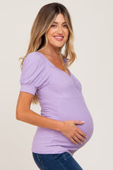 Lavender Ribbed Sweetheart Neck Short Puff Sleeve Maternity Top