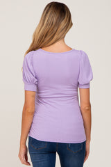 Lavender Ribbed Sweetheart Neck Short Puff Sleeve Maternity Top