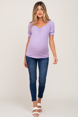 Lavender Ribbed Sweetheart Neck Short Puff Sleeve Maternity Top