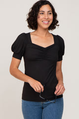 Black Ribbed Sweetheart Neck Short Puff Sleeve Maternity Top