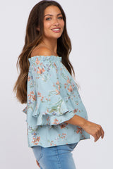 Light Blue Floral Off Shoulder Maternity Blouse