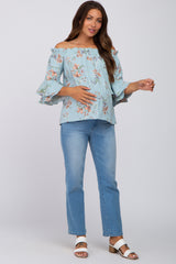 Light Blue Floral Off Shoulder Maternity Blouse