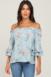 Light Blue Floral Off Shoulder Blouse