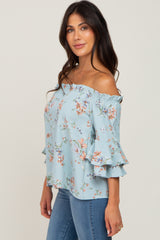 Light Blue Floral Off Shoulder Blouse