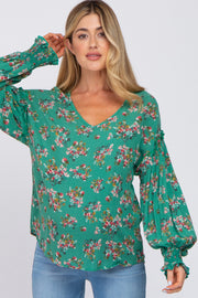 Green Floral V-Neck Smocked Sleeve Maternity Blouse