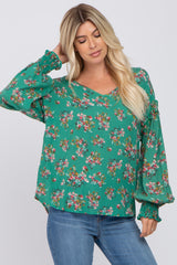 Green Floral V-Neck Smocked Sleeve Blouse