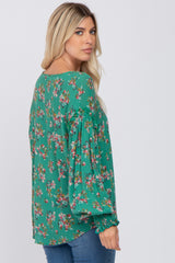 Green Floral V-Neck Smocked Sleeve Blouse