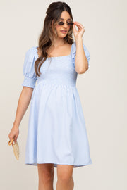 Blue Striped Smocked Puff Sleeve Maternity Dress