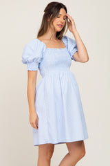 Blue Striped Smocked Puff Sleeve Maternity Dress